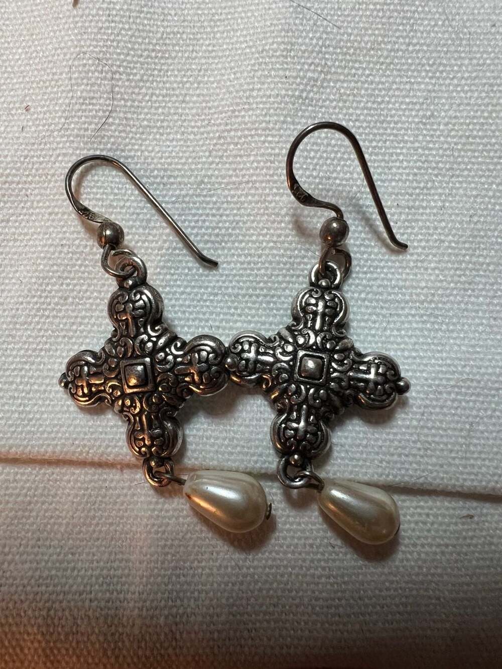 Silvertone Filigree Cross Dangle Earrings with Faux Pearl Drop